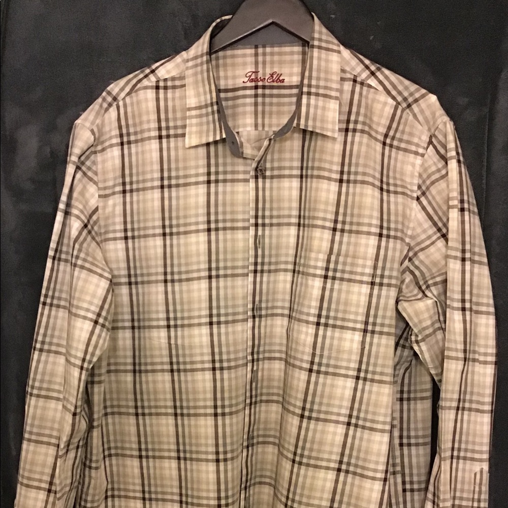 “TASSO ELBA”, Men’s brown plaid shirt.